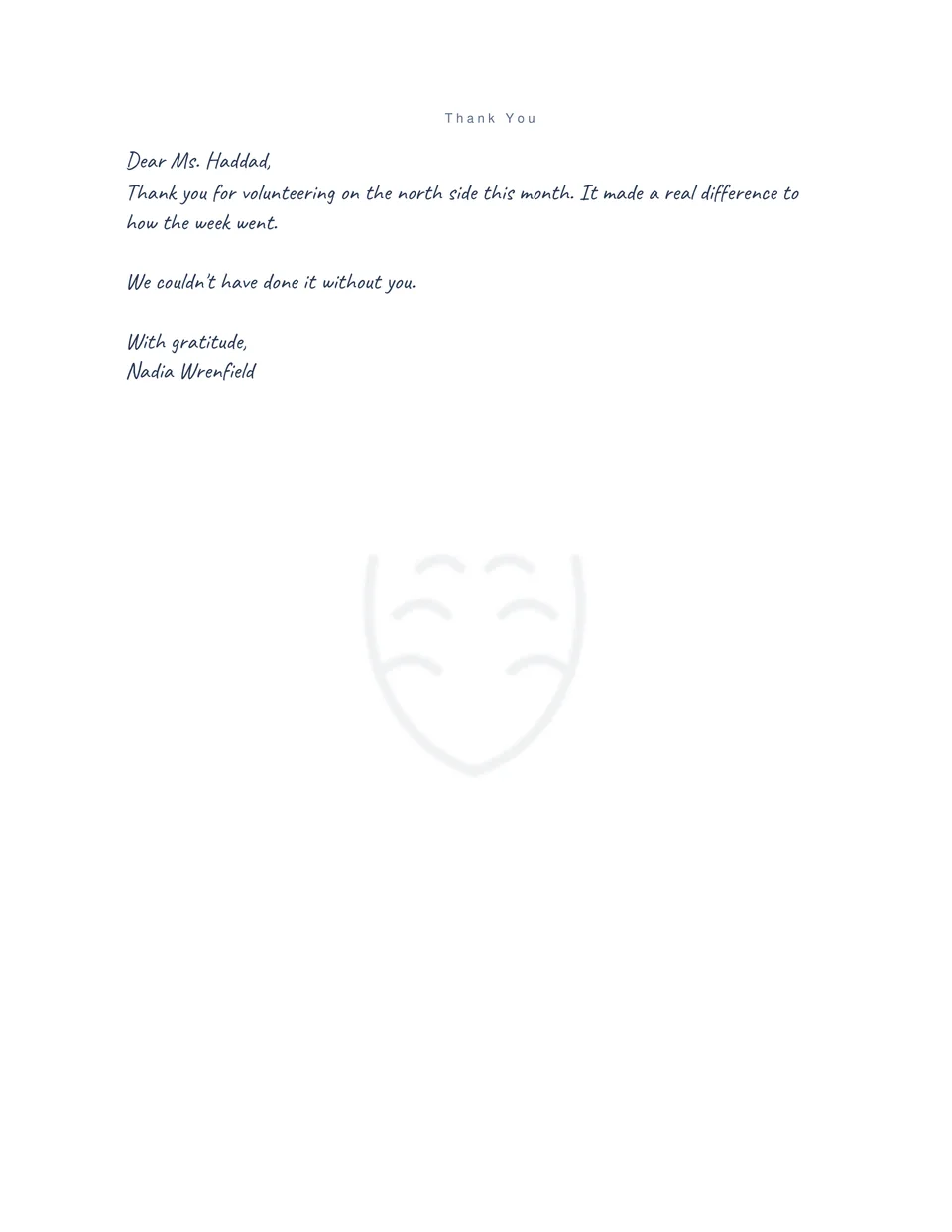 A real print render of a sample thank-you letter: a short letter to Ms. Haddad in the Quick handwriting style, under the Thank You heading, with that letter type’s mark in the middle of the page.